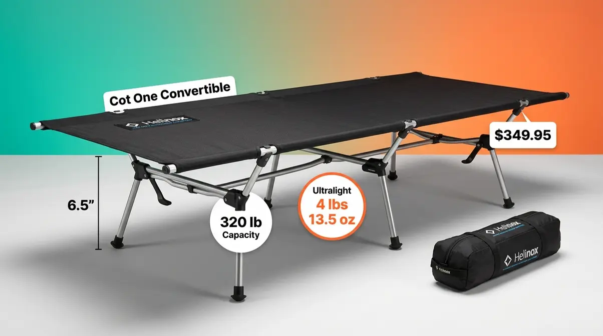 Helinox Cot One Convertible ultralight camping cot product image showing DAC aluminum frame and compact carry bag
