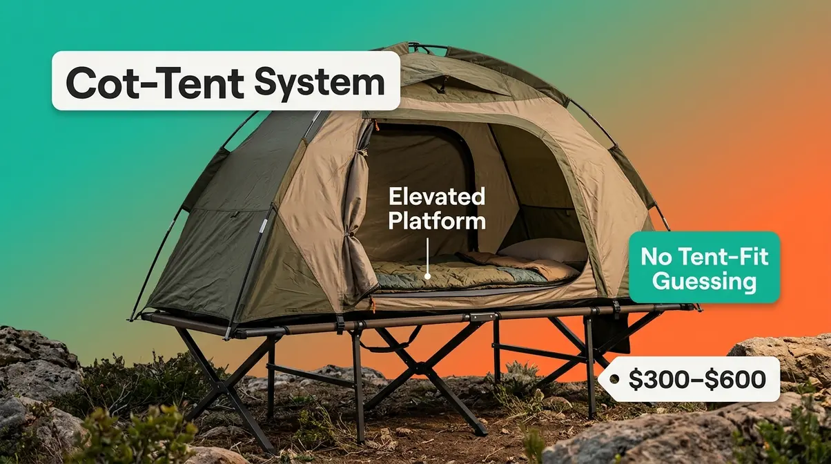 Integrated cot-tent system product image showing elevated sleeping platform with attached tent body