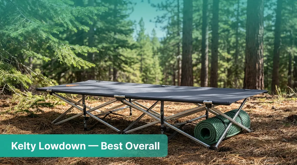Kelty Lowdown Cot assembled outdoors at a campsite — best overall camping cot for car campers