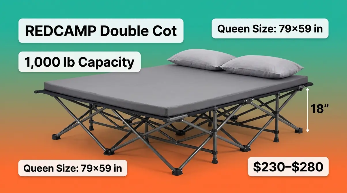 REDCAMP 2-Person Double Camping Cot product image showing queen-size sleeping surface and steel frame
