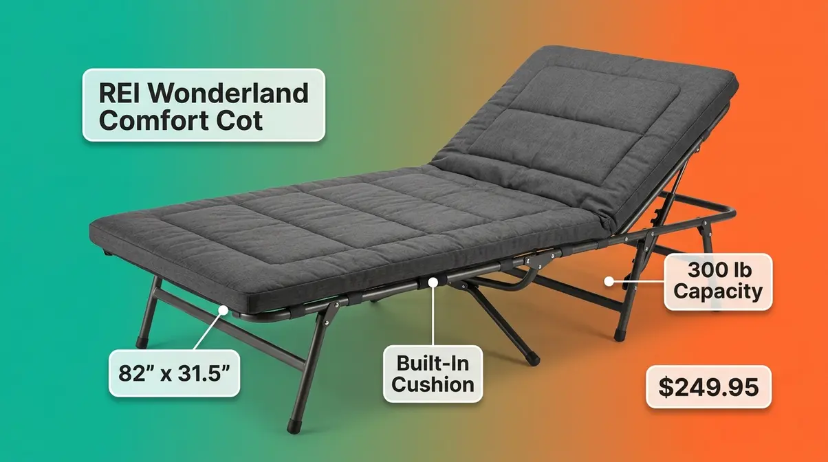 REI Co-op Wonderland Comfort Cot product image showing built-in cushion and adjustable back feature