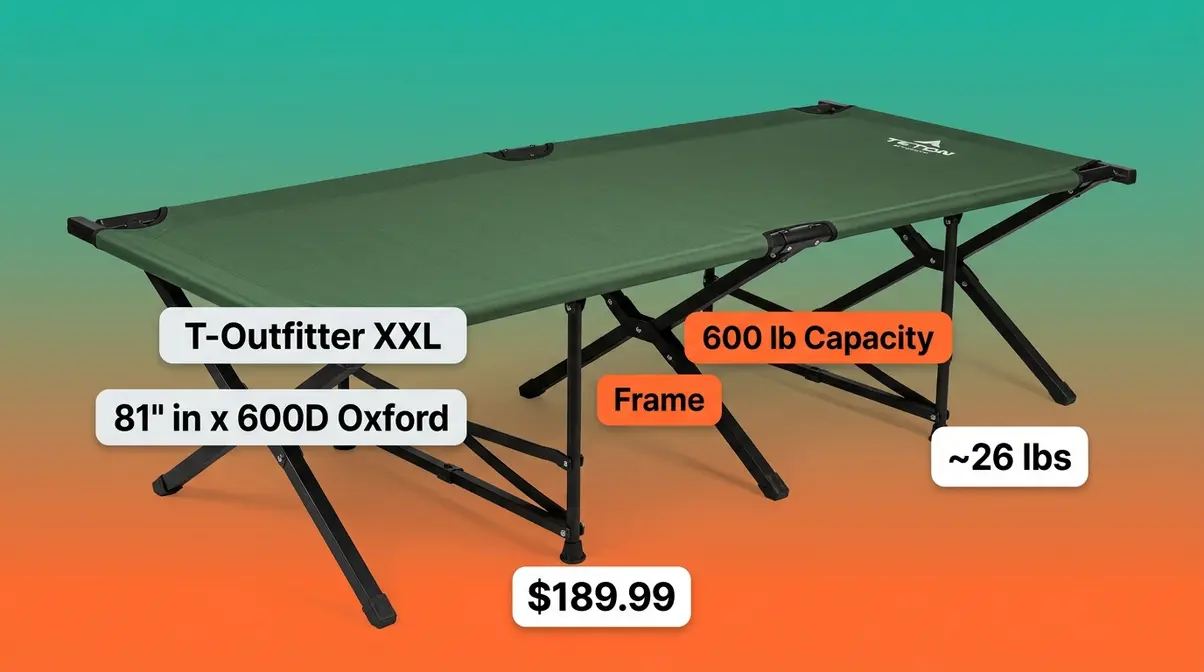 Teton Sports Outfitter XXL heavy-duty camping cot product image showing steel frame and wide sleeping surface