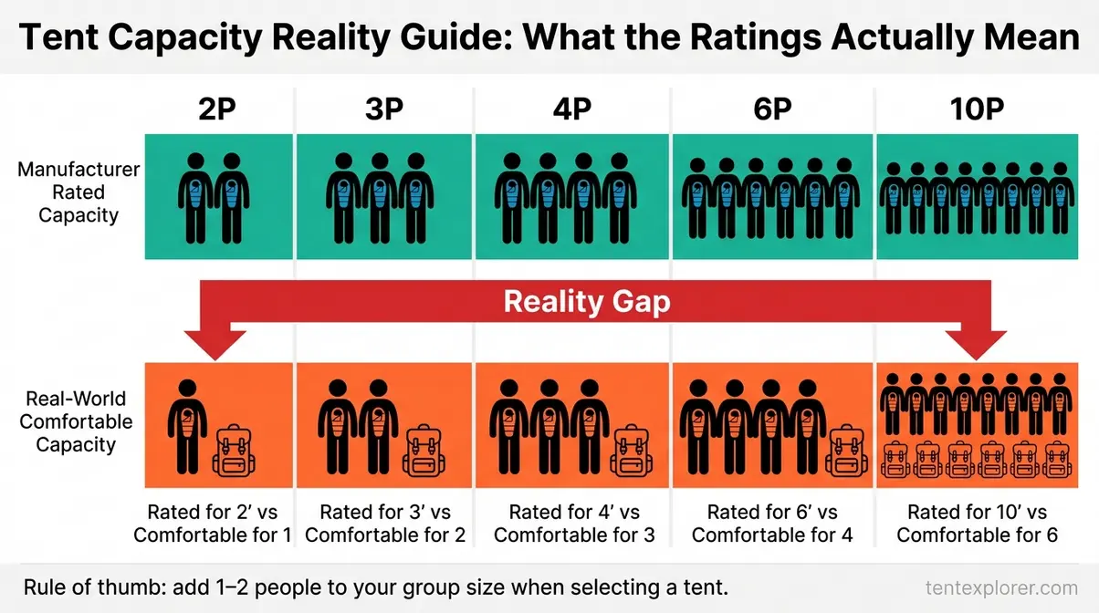 Tent capacity reality guide comparing manufacturer ratings versus actual comfortable sleeping capacity per tent size