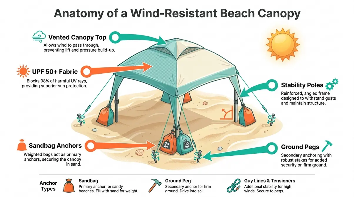 Diagram of wind-resistant beach canopy showing vented top, sandbag anchors, stability poles, and ground pegs labeled