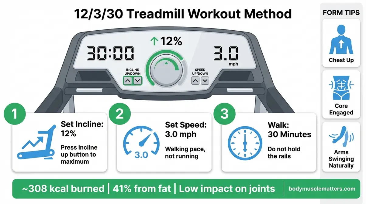 12/3/30 treadmill workout method infographic showing incline speed and duration settings with posture form tips