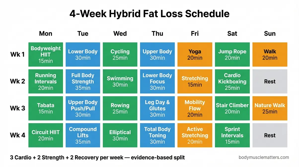 4-week beginner cardio and strength training weekly schedule calendar grid infographic for fat loss