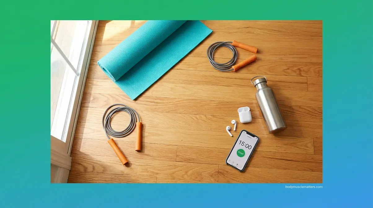 At-home cardio workout equipment-free setup with jump rope yoga mat and water bottle for weight loss at home