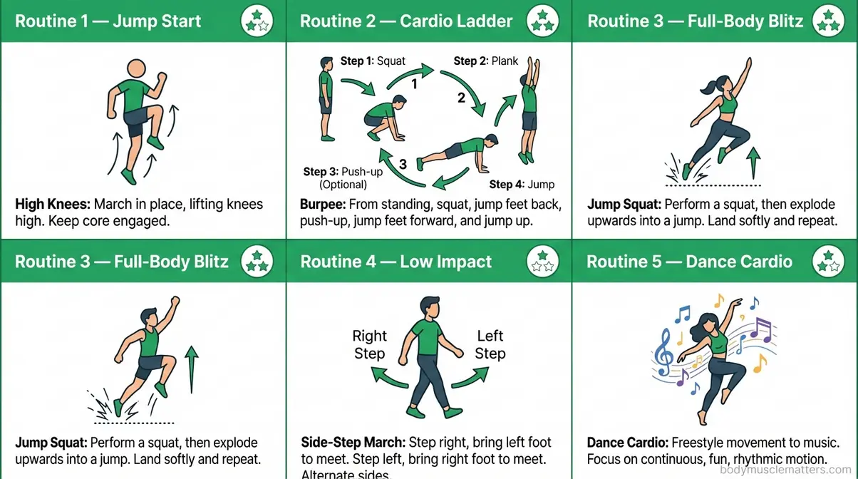 Five beginner cardio routines no equipment needed showing high knees burpees jump squats side steps and dance cardio illustrations