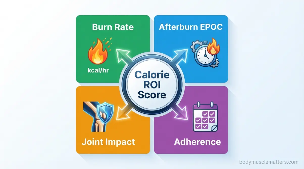 Calorie ROI Framework four-dimension scoring system diagram showing burn rate afterburn joint impact and adherence quadrants