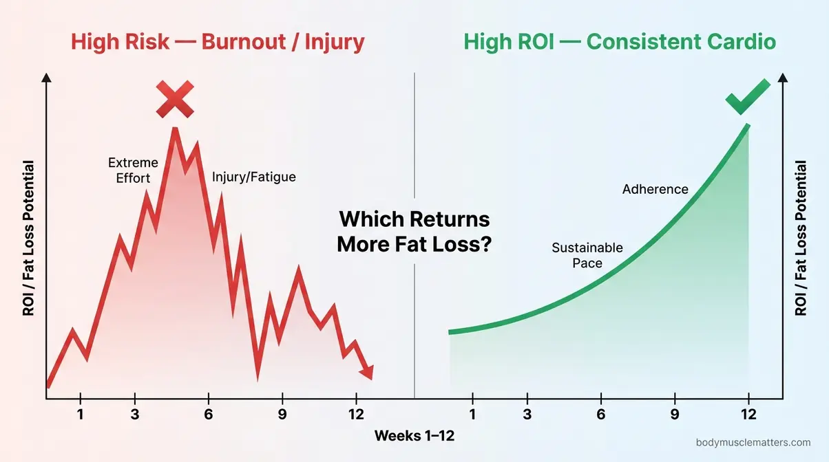 Calorie ROI Framework explained comparing high-risk extreme cardio versus sustainable consistent cardio fat loss returns over 12 weeks
