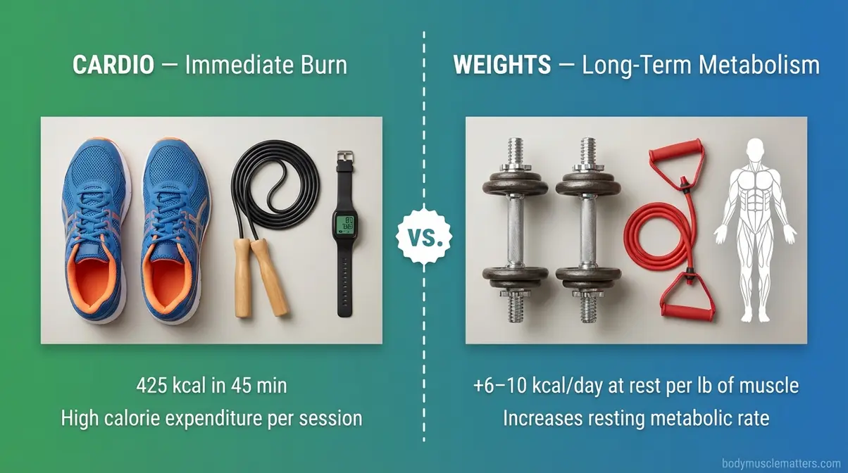 Cardio versus weights for fat loss showing running equipment and dumbbells with calorie burn and metabolic benefit comparison