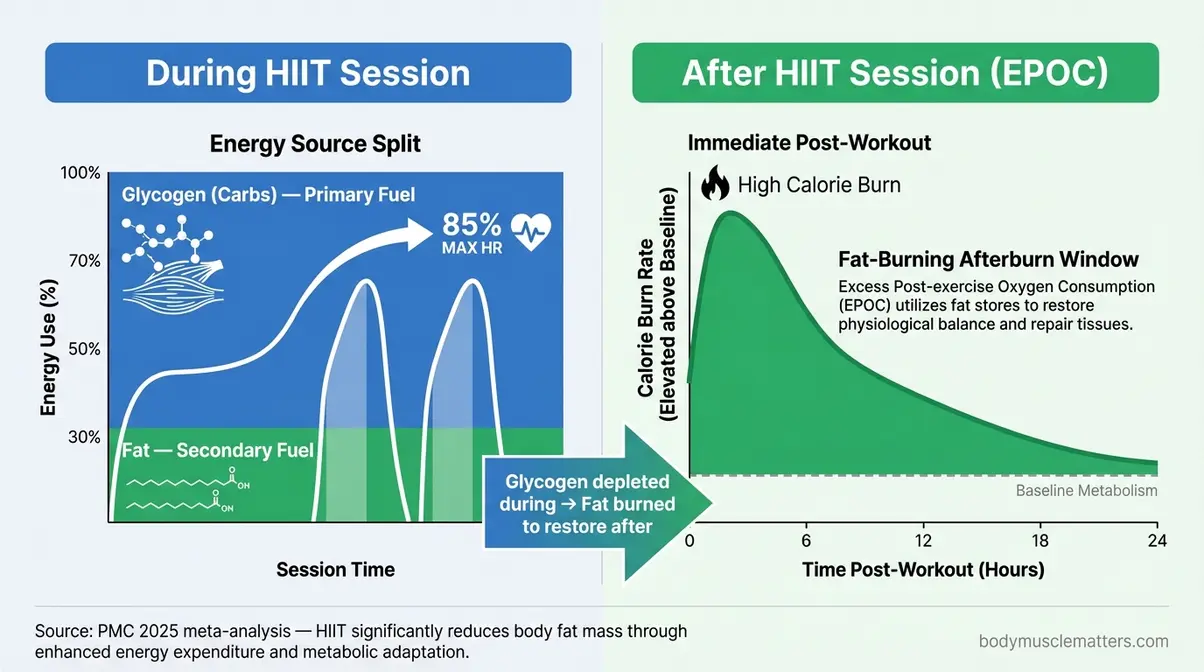 HIIT fat burning mechanism diagram showing glycogen use during exercise and EPOC afterburn effect extending fat burning for 24 hours
