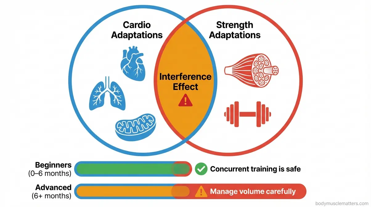 Interference effect diagram showing how high cardio volume can reduce muscle gains in concurrent strength and cardio training