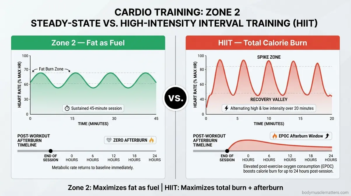 Zone 2 vs HIIT heart rate comparison infographic showing fat burn zones and EPOC afterburn window for weight loss