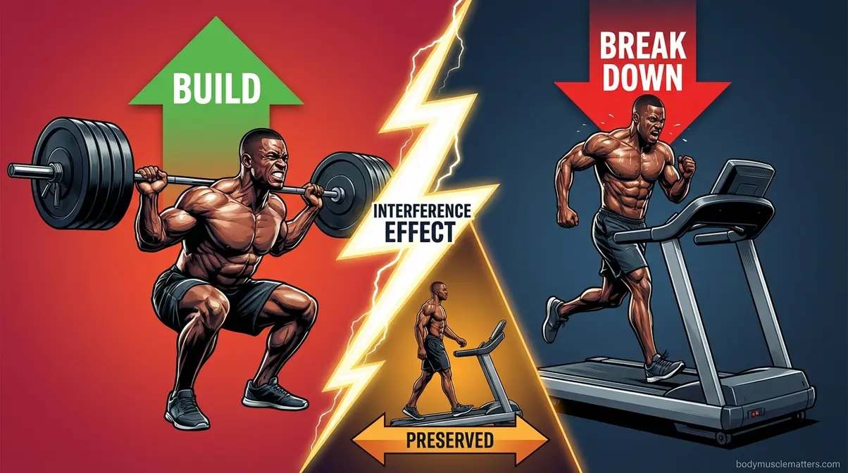 Interference effect diagram showing how high-intensity cardio competes with muscle building signals in the gym