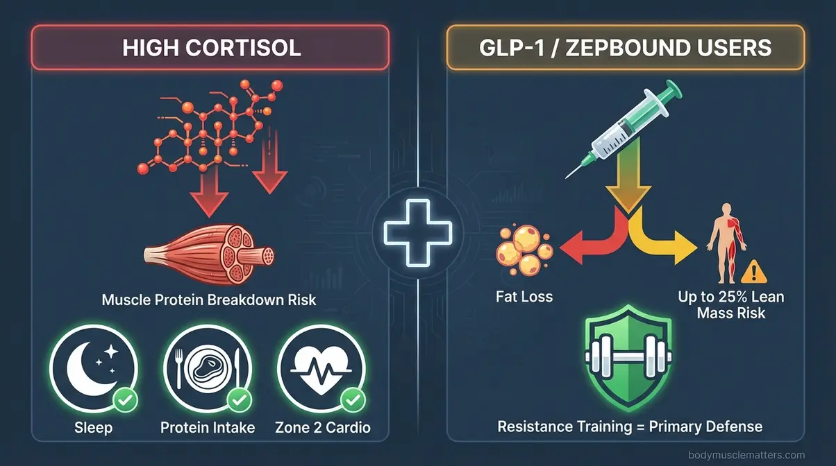 Cortisol and GLP-1 medication effects on muscle preservation showing resistance training as primary defense strategy
