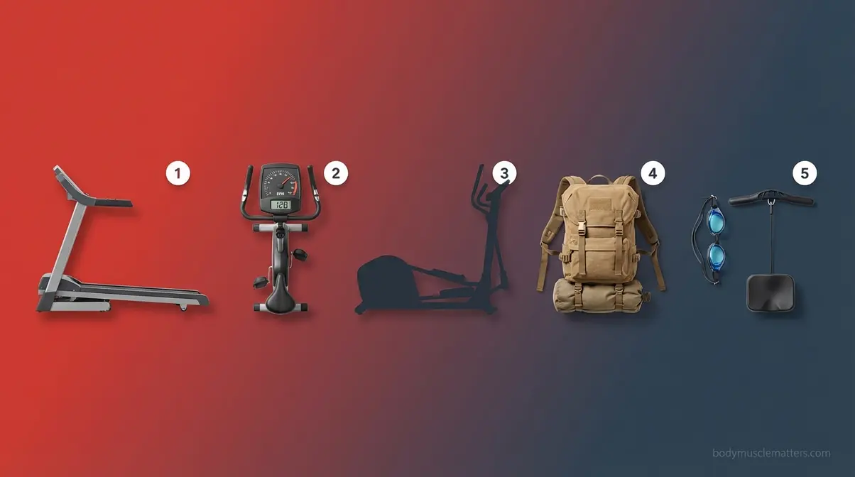 Five best muscle-sparing cardio exercises including incline walking cycling elliptical rucking and swimming arranged for comparison