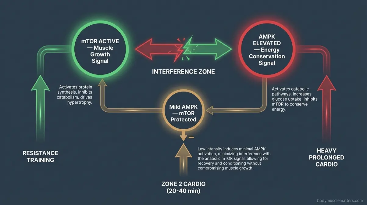 mTOR vs AMPK signaling conflict diagram showing how cardio timing affects muscle building and preservation