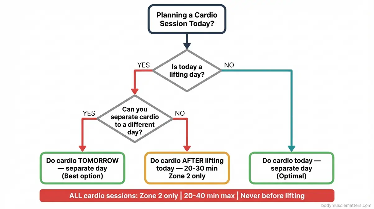 Muscle Insurance Protocol scheduling flowchart showing when to do cardio relative to lifting days for muscle preservation