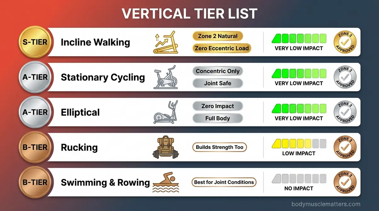 Best cardio for preserving muscle mass tier list ranking incline walking cycling elliptical rucking swimming by impact level