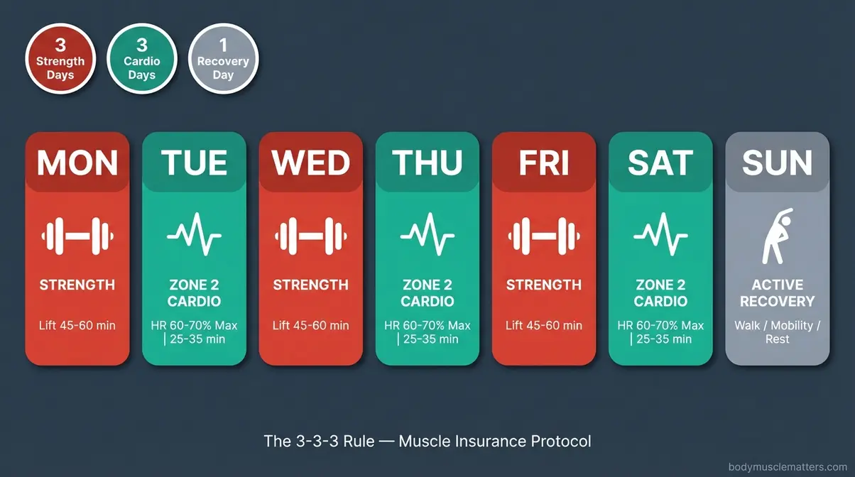 3-3-3 rule gym schedule showing 3 lifting days 3 zone 2 cardio days and 1 active recovery day for muscle preservation