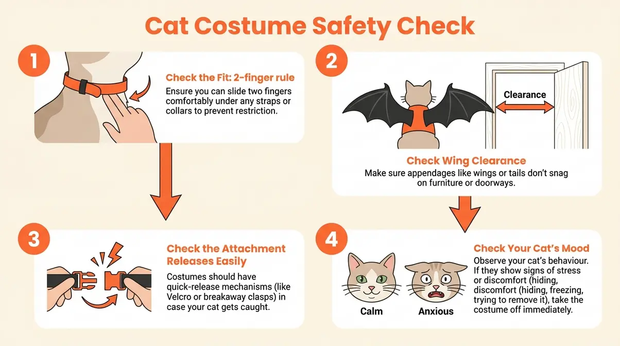 Step-by-step safety check diagram for fitting Halloween bat wings on a cat in the UK