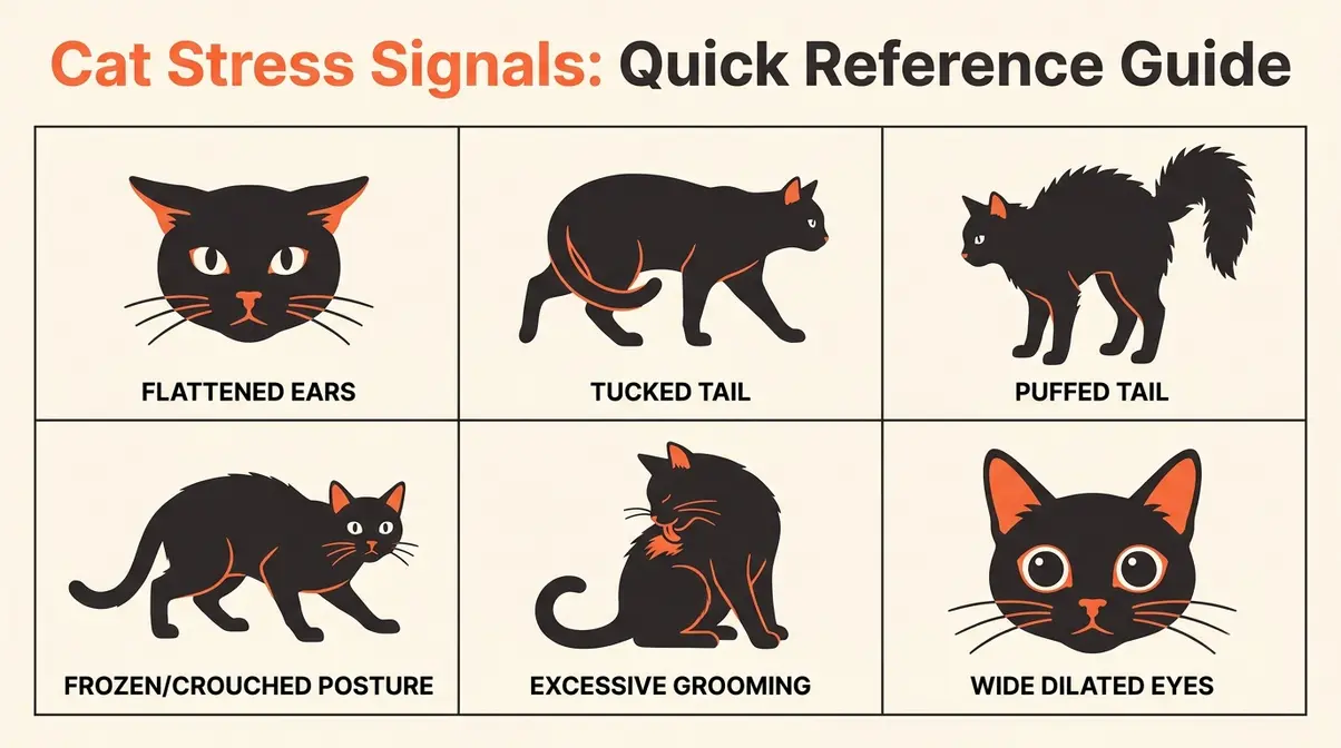 Illustrated infographic showing six cat stress signals to watch for during Halloween costume wear