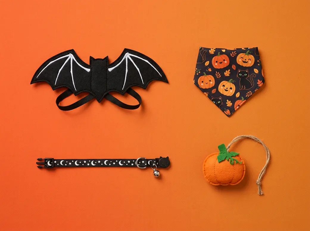 Halloween cat costume accessories flat lay including bat wings collar and seasonal bandana UK