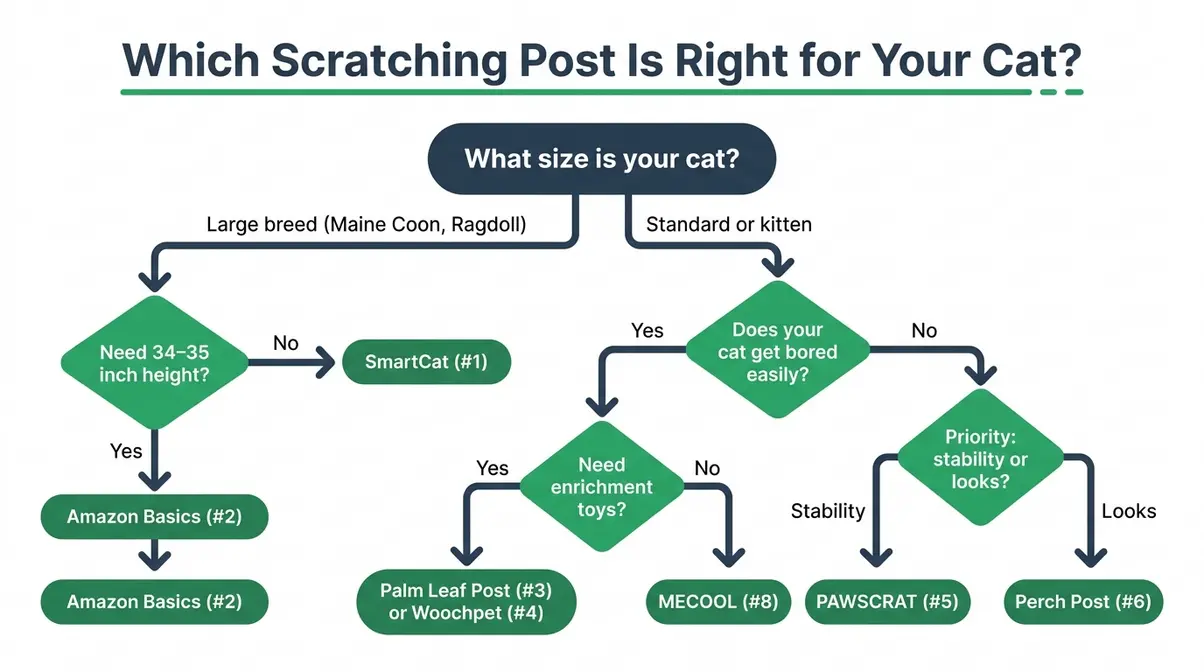 Decision flowchart helping UK cat owners choose a scratching post based on cat size, scratching preference, and budget