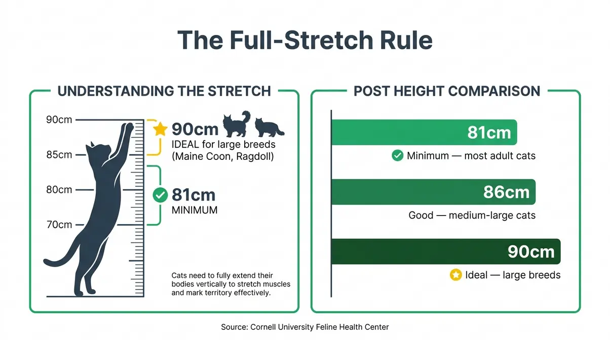 Infographic showing minimum cat scratching post height of 90cm with cat stretching alongside for scale