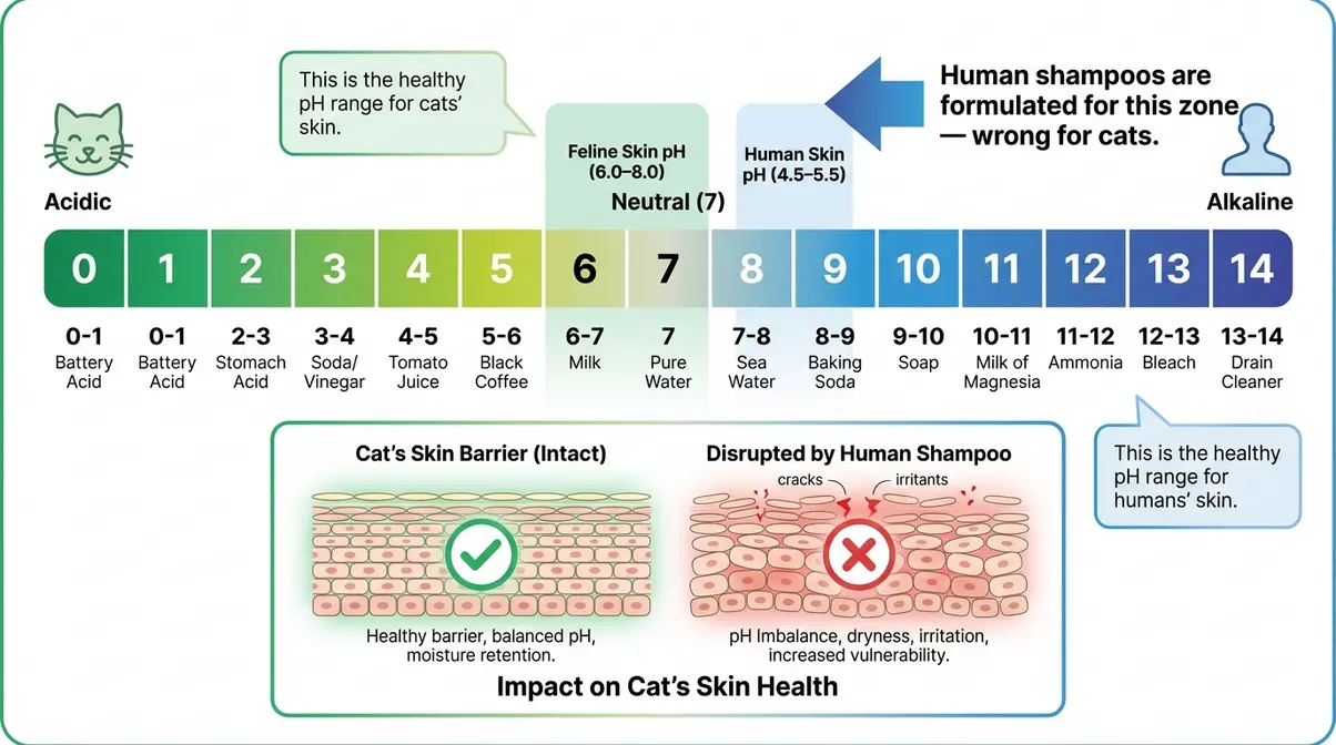 Infographic comparing cat skin pH range 6 to 8 versus human skin pH 4.5 to 5.5 explaining why cat-specific shampoo formulas are necessary