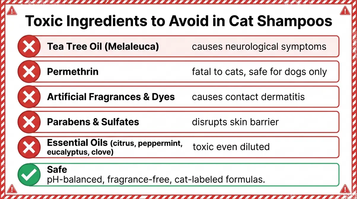 Checklist infographic of five toxic cat shampoo ingredients to avoid including tea tree oil permethrin and artificial fragrances