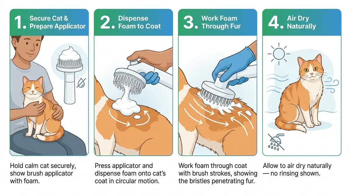 Quatre étapes pour appliquer le shampooing sans rinçage pour chat avec brosse applicatrice