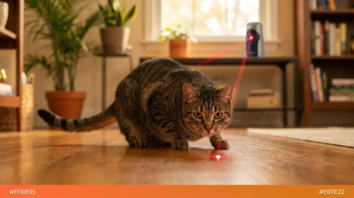 Indoor cat tracking PetSafe Bolt automatic laser toy across living room floor