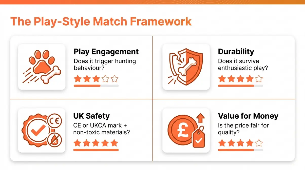 Infographic showing four Play-Style Match scoring criteria: play engagement, durability, UK safety, value for money
