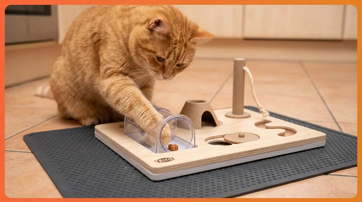 Cat using paw to retrieve treat from Trixie 5-in-1 Activity Centre puzzle feeder for mental stimulation