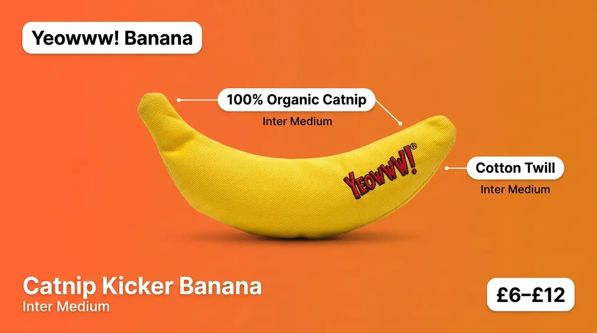 Yeowww! Catnip Kicker Banana toy in yellow cotton twill with 100% organic catnip filling for stress relief