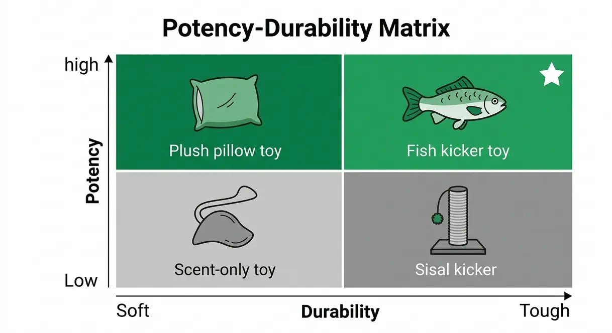 Potency-durability matrix diagram for choosing the right catnip toy for your cat