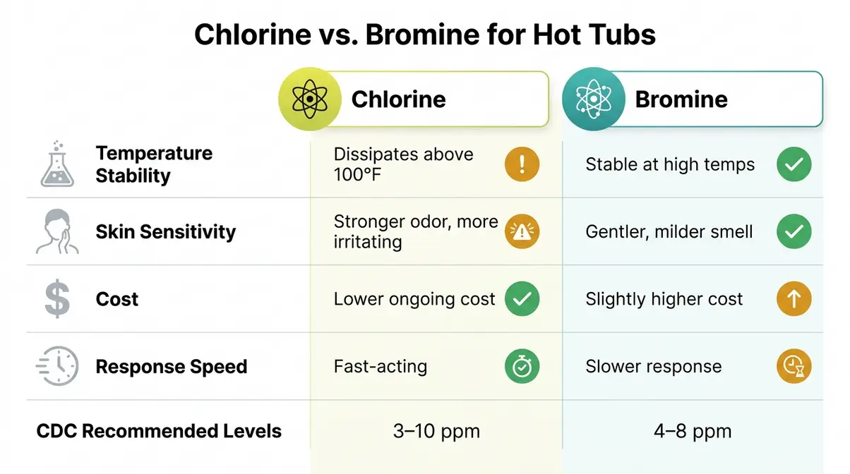 Best Hot Tub Chemicals: 9 Tested Picks for 2026 21 Chlorine vs bromine hot tub comparison infographic showing temperature stability, skin sensitivity, cost, and odor differences