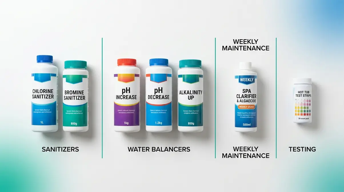 Best Hot Tub Chemicals: 9 Tested Picks for 2026 19 Hot tub chemical buying guide flat-lay showing sanitizers, balancers, and test strips organized by category