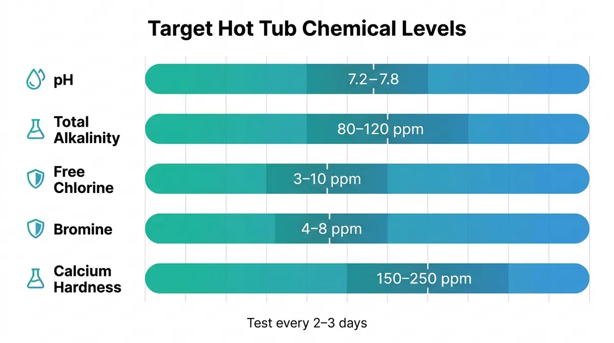 Best Hot Tub Chemicals: 9 Tested Picks for 2026 20 Hot tub chemical target levels chart showing pH 7.2-7.8, alkalinity 80-120 ppm, chlorine 3-10 ppm, and bromine 4-8 ppm ranges