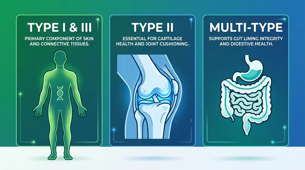 Collagen type comparison guide showing skin joint and gut health targets for supplement selection