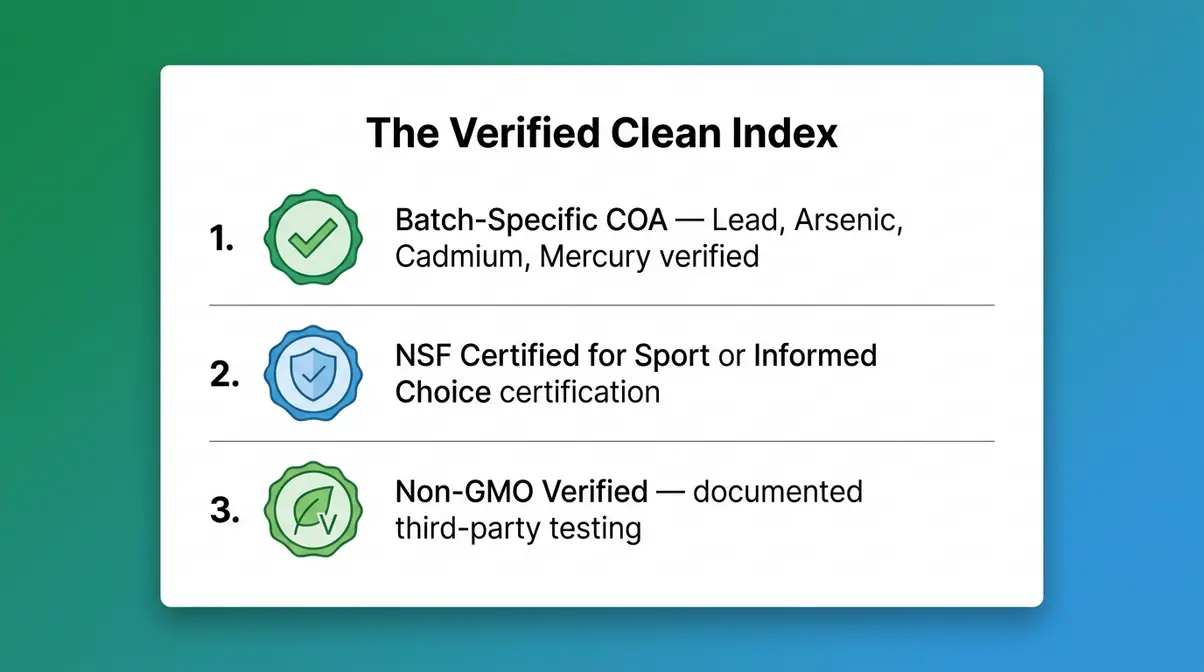 Verified Clean Index checklist showing COA verification NSF certification and non-GMO badge for collagen powder