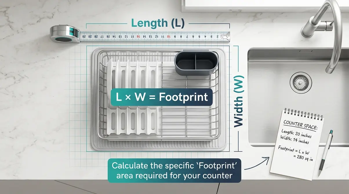 Measuring counter space for a compact dish drying rack with a tape measure beside a sink