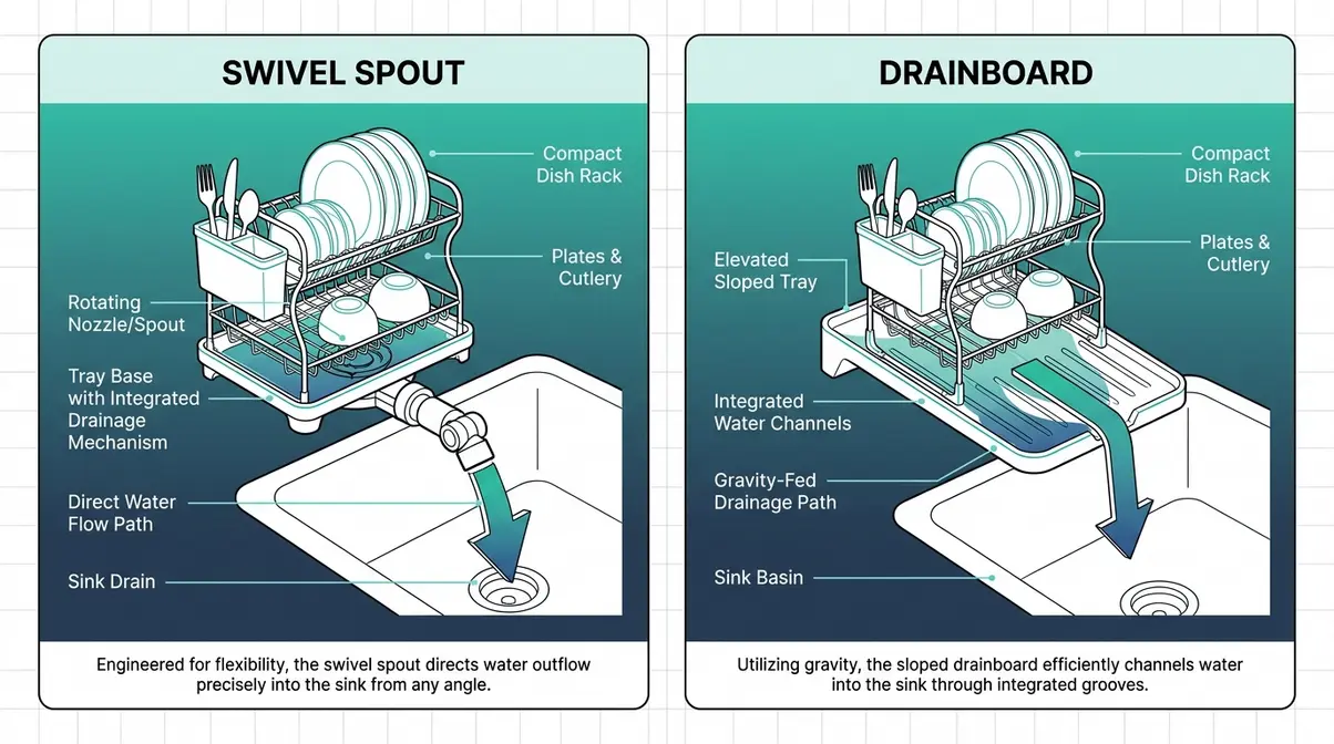 Diagram comparing swivel spout and drainboard drainage systems for compact dish racks in small kitchens