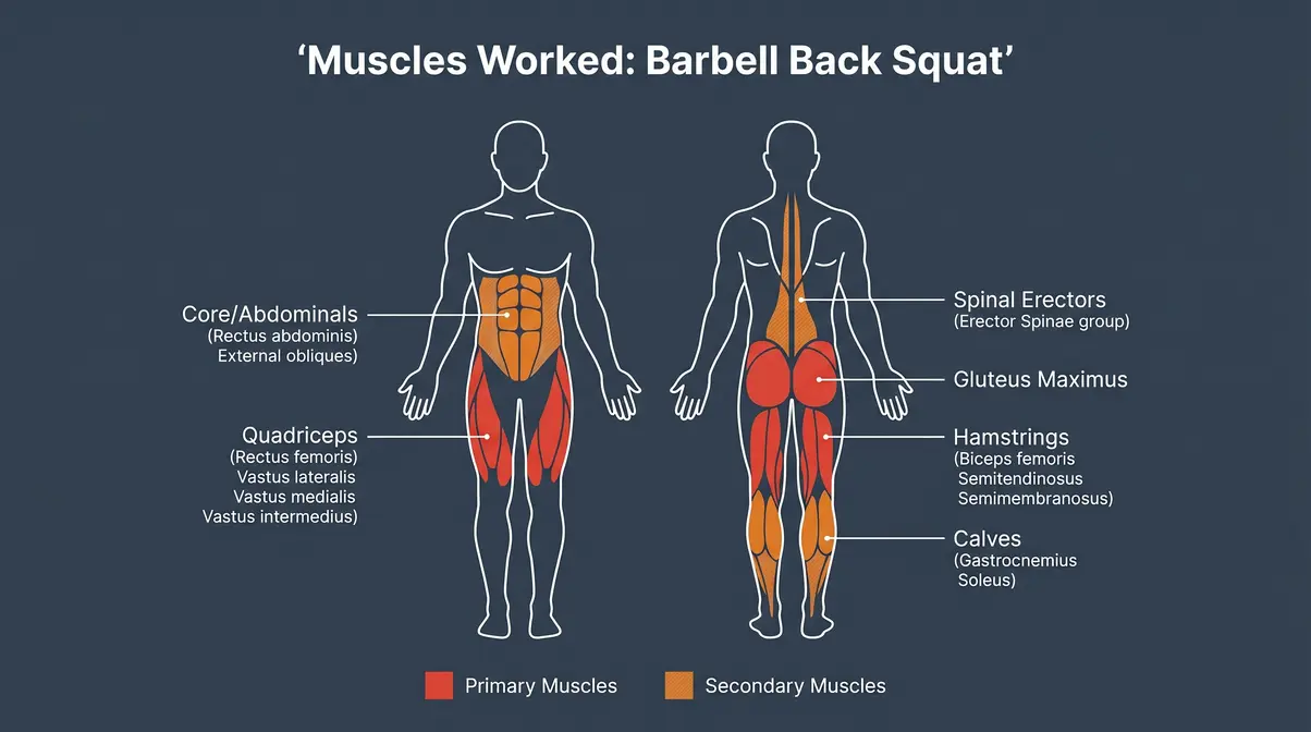 Barbell back squat muscles worked anatomy diagram showing primary and secondary muscle activation