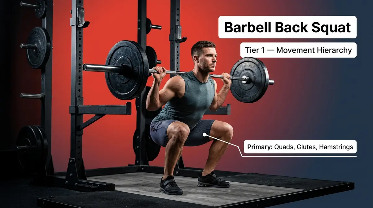 Barbell back squat exercise demonstration showing proper form at parallel depth