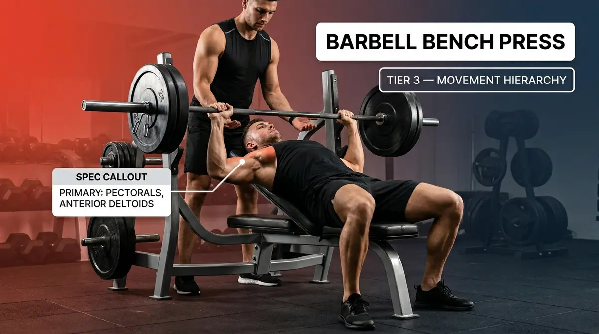Barbell bench press exercise demonstration showing proper elbow position and chest contact