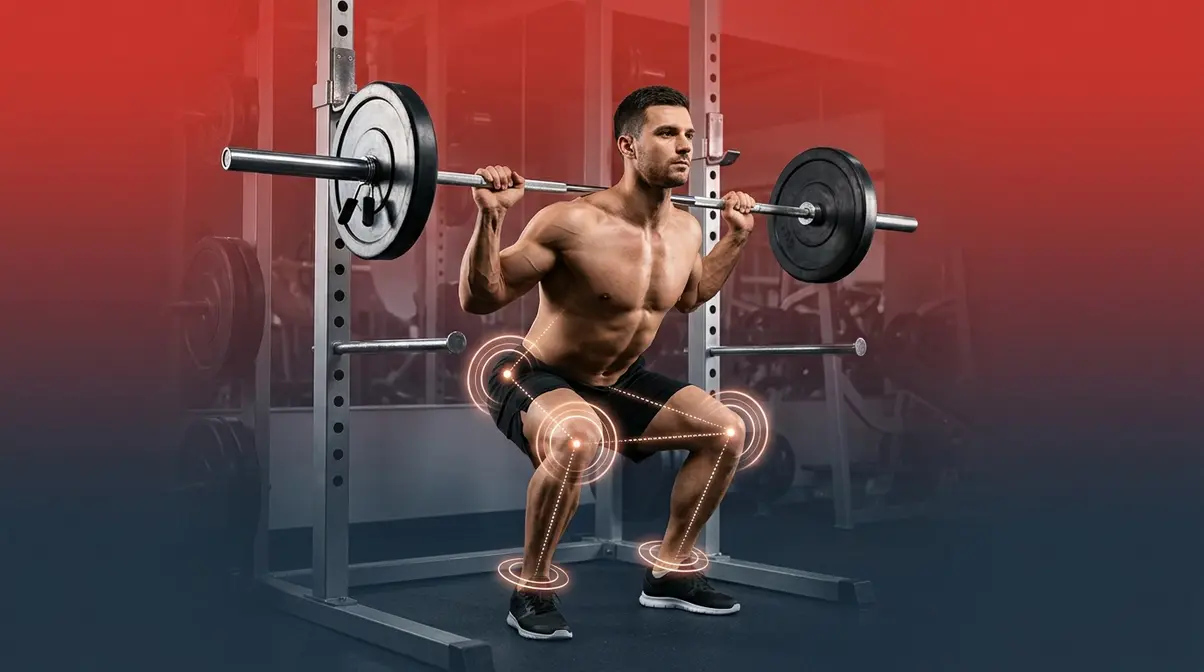 Compound exercises for strength training showing multi-joint barbell squat movement in gym