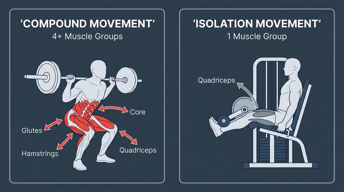 Best compound exercises for strength vs. isolation movements — muscle activation comparison diagram